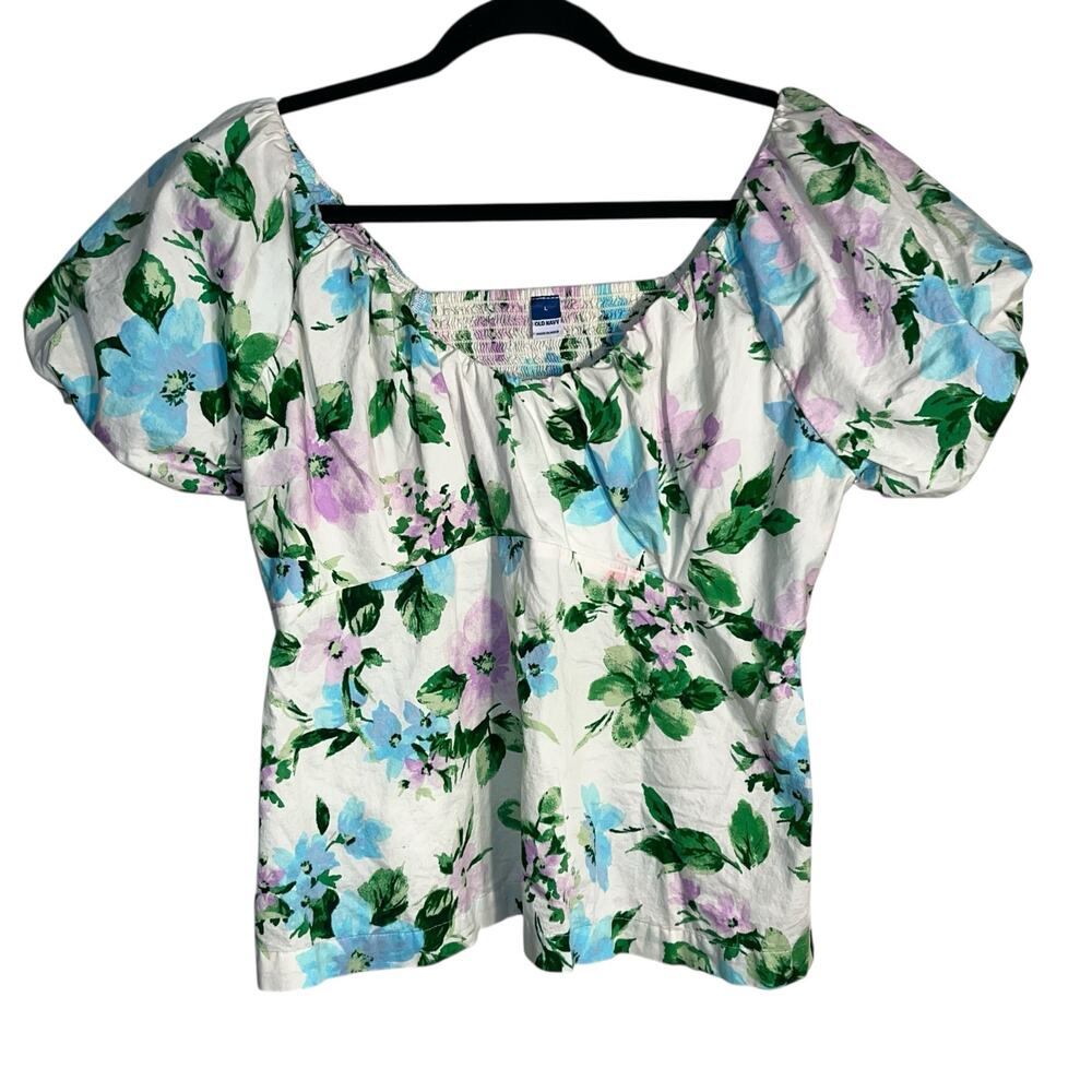 Old Navy Puff Sleeve White Floral SS Vee Trapeze Blouse Size Large